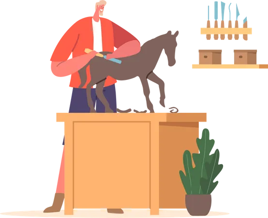 Un sculpteur sculpte un cheval en bois à l'aide d'un ciseau  Illustration