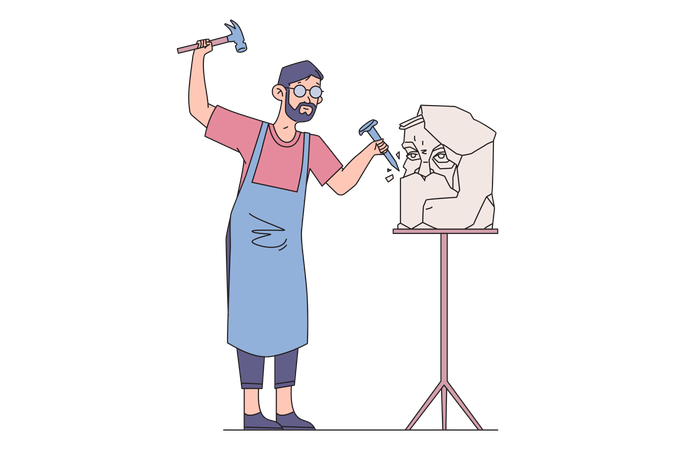 Sculpteur masculin sculptant à l'aide d'un marteau et d'un burin  Illustration