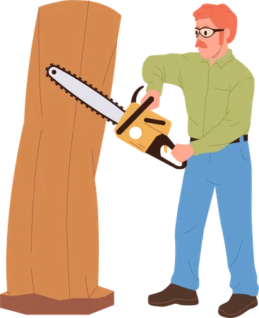 Man Sculptor Cartoon Character Working With Saw Carving Sculpture Or Statue From Tree Trunk Isolated On White Background Skilled Handyman Enjoying Carpentry Creative Profession Vector Illustration Illustration