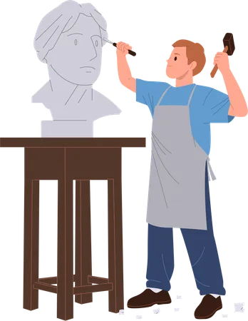 Young Man Sculptor Cartoon Character Carefully Carving Sculpture With Hammer And Chisel Isolated On White Background Craft People Creative Profession And Hobby Enjoyment Vector Illustration Illustration