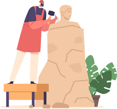 Sculptor Male Carves Stone Using Chisel And Hammer  イラスト