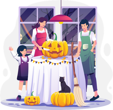 Famille sculptant des citrouilles à la maison se préparant pour Halloween  Illustration