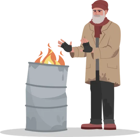 Homme sans abri près d’une poubelle enflammée  Illustration