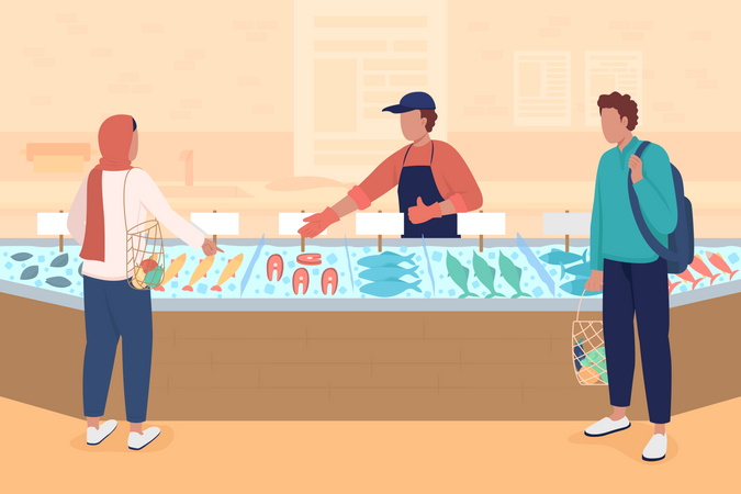 Seafood market flat color vector illustration  Illustration