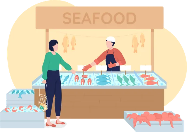 Seafood stall with frozen production 2D vector isolated illustration Illustration