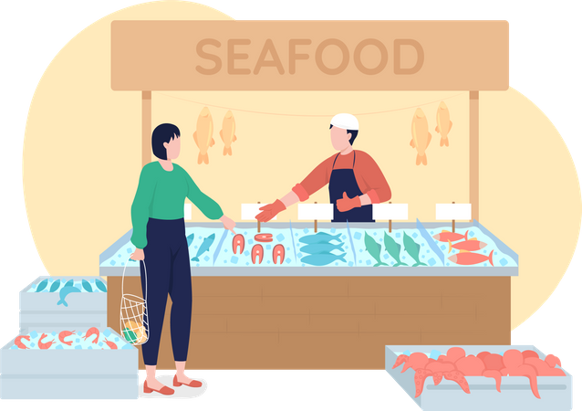 Seafood stall with frozen production 2D vector isolated illustration  Illustration