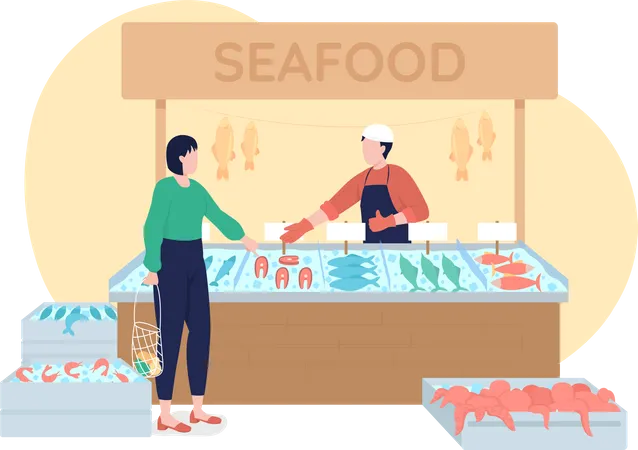 Seafood stall with frozen production 2D vector isolated illustration  Illustration