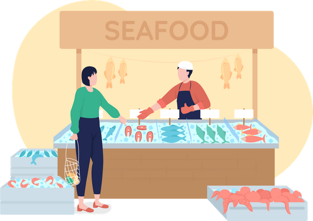 Seafood stall with frozen production Illustration