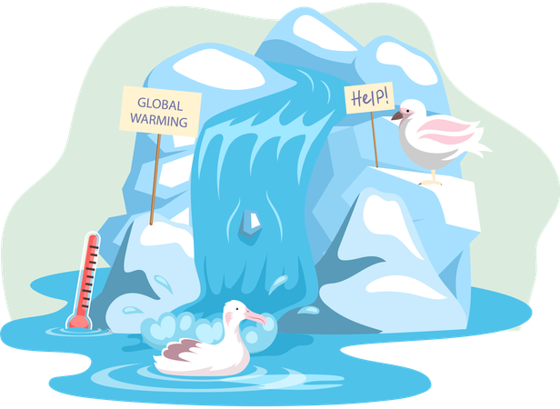 Seagull and seabird on ice floe need help global warming  Illustration
