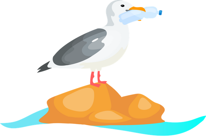 Seagull with plastic bottle in beak Illustration