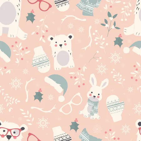 Seamless Merry Christmas patterns with cute polar animals, bears, rabbits  Illustration
