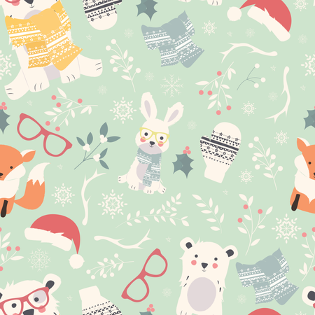 Seamless Merry Christmas patterns with cute polar animals, bears, rabbits Illustration