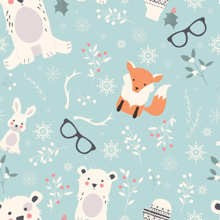 Seamless Merry Christmas patterns with cute polar animals, bears, rabbits Illustration