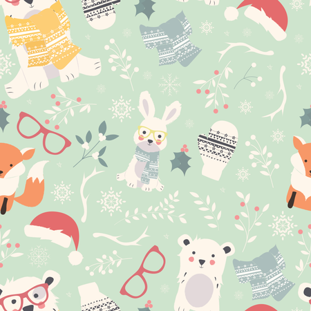 Seamless Merry Christmas patterns with cute polar animals, bears, rabbits  Illustration