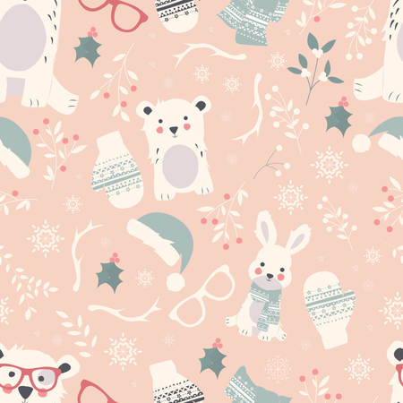 Seamless Merry Christmas patterns with cute polar animals, bears, rabbits  Illustration