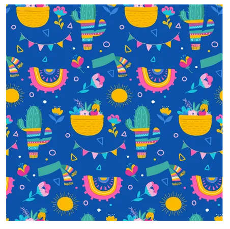 Seamless pattern and background, cacti, palm leavs, jungle flowers, Mexican fiesta background Illustration