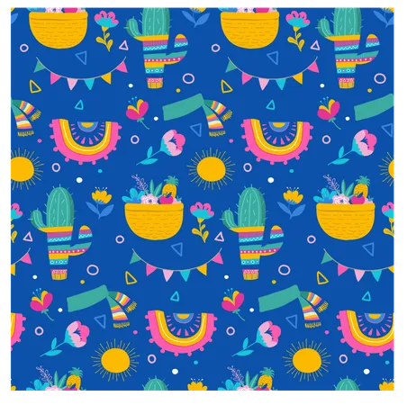 Seamless pattern and background, cacti, palm leavs, jungle flowers, Mexican fiesta background  Illustration