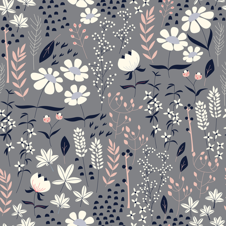 Seamless pattern design with hand drawn flowers and floral elements, vector illustration Illustration