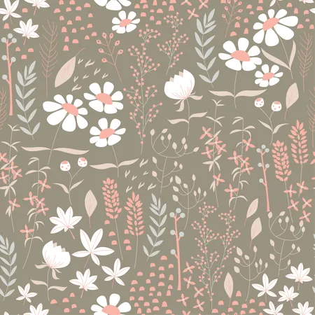 Seamless pattern design with hand drawn flowers and floral elements, vector illustration  Illustration