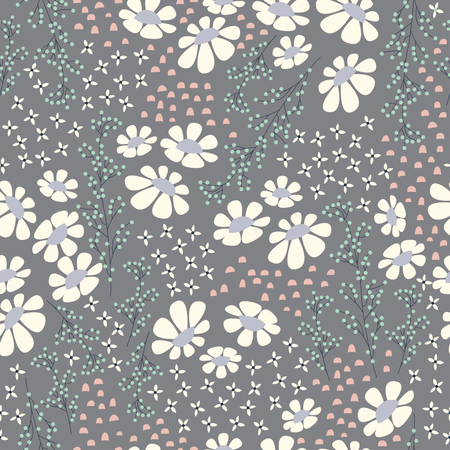 Seamless pattern design with hand drawn flowers and floral elements, vector illustration  Illustration