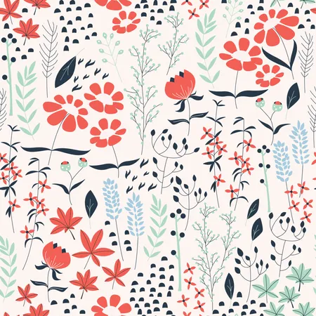 Seamless pattern design with hand drawn flowers and floral elements, vector illustration  Illustration