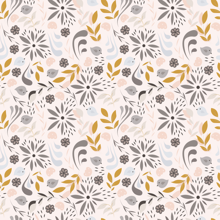 Seamless pattern design with little flowers, floral elements, birds Illustration