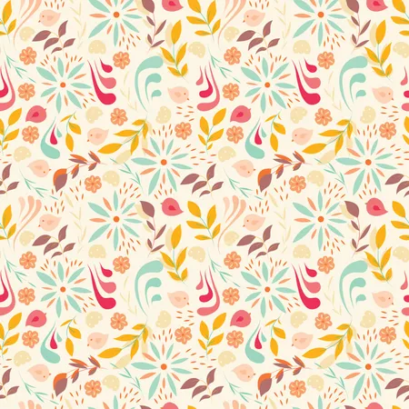 Seamless pattern design with little flowers, floral elements, birds  Illustration