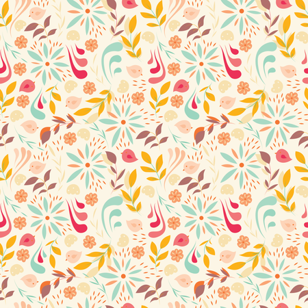 Seamless pattern design with little flowers, floral elements, birds  Illustration