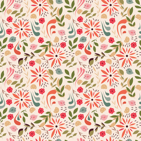 Seamless pattern design with little flowers, floral elements, birds  Illustration