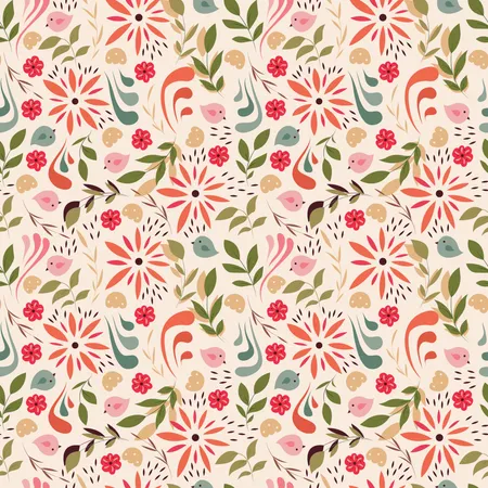 Seamless pattern design with little flowers, floral elements, birds  Illustration