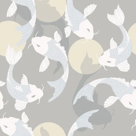 Seamless pattern with carp koi fish and sun, traditional japanese art  Illustration