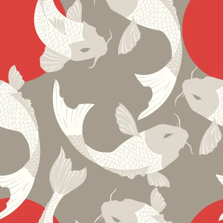 Seamless pattern with carp koi fish and sun, traditional japanese art  Illustration