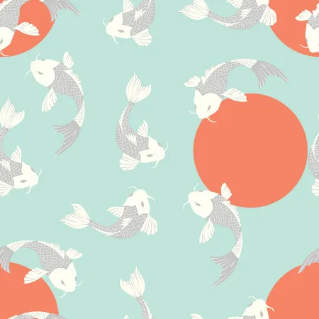 Seamless pattern with carp koi fish and sun, traditional japanese art  Illustration