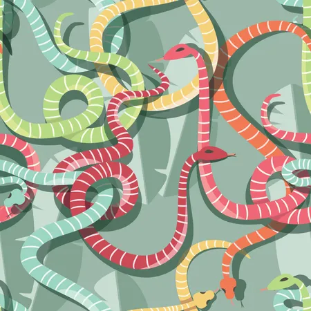 Seamless pattern with colorful intertwined striped rain forest snakes  Illustration