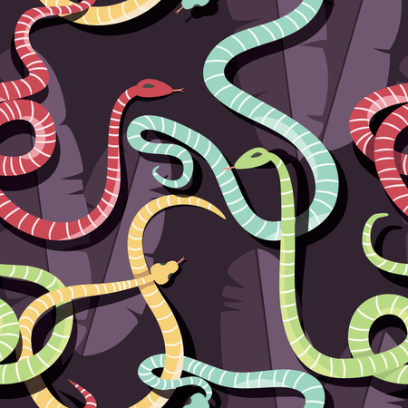 Seamless pattern with colorful intertwined striped rain forest snakes  Illustration