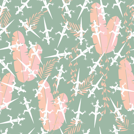 Seamless pattern with cute green rain forest animal gecko lizard  Illustration