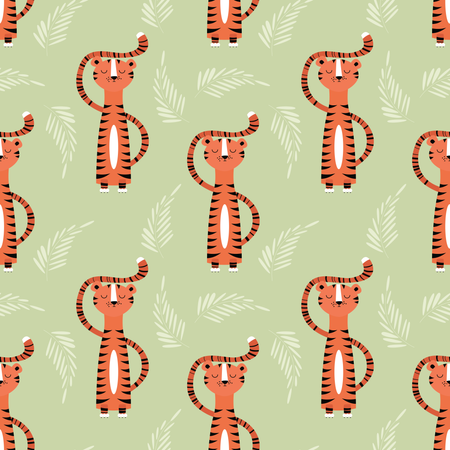 Seamless pattern with cute jungle orange tiger Illustration