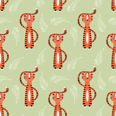 Seamless pattern with cute jungle orange tiger  Illustration