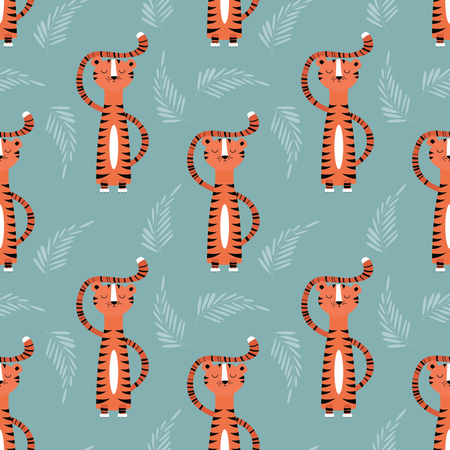 Seamless pattern with cute jungle orange tiger on blue background Illustration