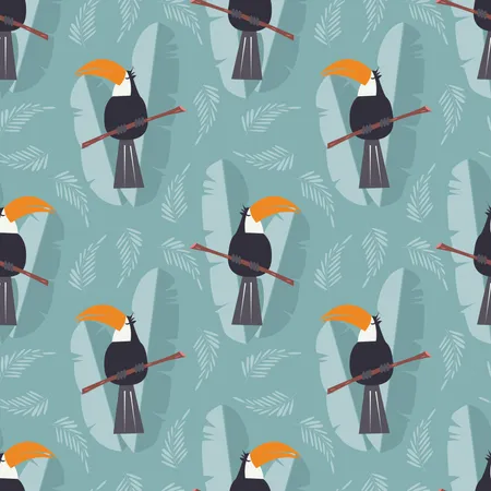 Seamless pattern with cute jungle parrot toucan on blue background Illustration