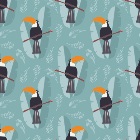 Seamless pattern with cute jungle parrot toucan on blue background  Illustration