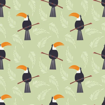Seamless pattern with cute jungle parrot toucan on green background Illustration