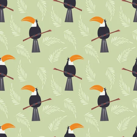 Seamless pattern with cute jungle parrot toucan on green background  Illustration