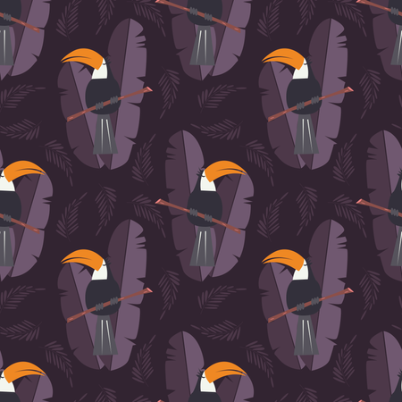 Seamless pattern with cute jungle parrot toucan on purple background  Illustration