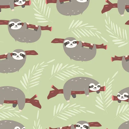 Seamless pattern with cute jungle sloths on green background  Illustration