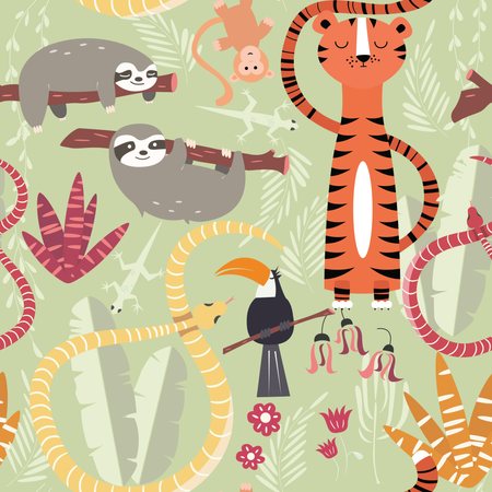 Seamless pattern with cute rain forest animals, tiger, snake, sloth Illustration