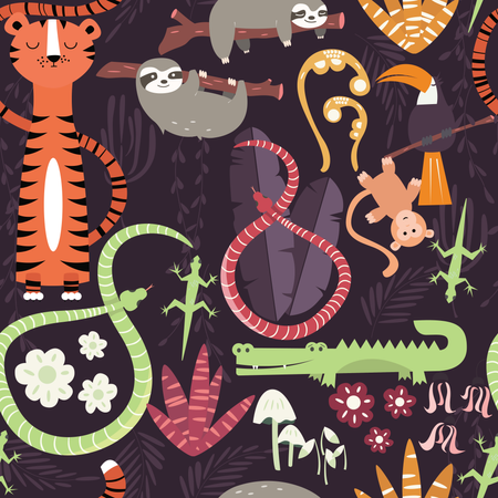 Seamless pattern with cute rain forest animals, tiger, snake, sloth Illustration