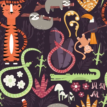 Seamless pattern with cute rain forest animals, tiger, snake, sloth  Illustration