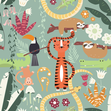 Seamless pattern with cute rain forest animals, tiger, snake, sloth  Illustration