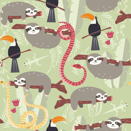 Seamless pattern with cute rain forest animals, toucan, snake, sloth  Illustration